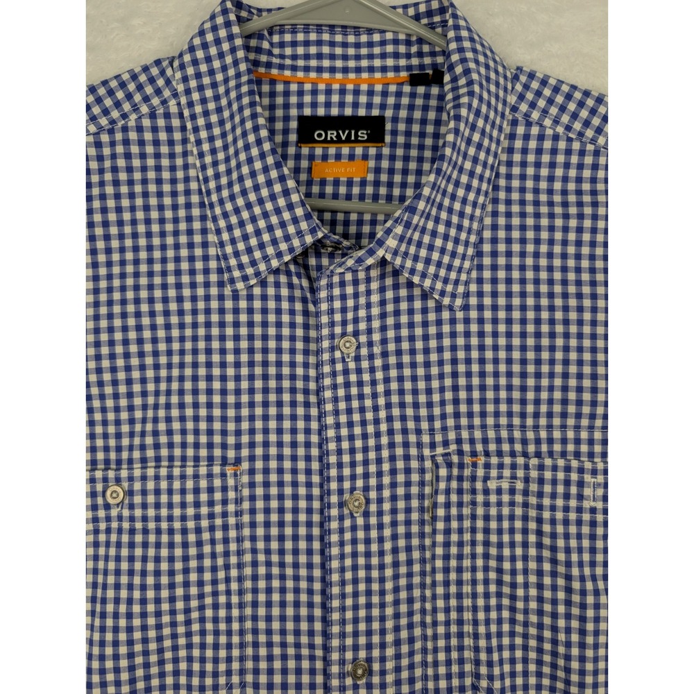Orvis Shirt Mens XL Blue Gingham Check Performance Fishing Pockets Short Sleeve